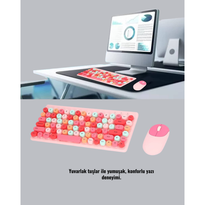 Renkli Retro Tuş Takımlı Klavye – 3 Cihaz Bağlantısı, Medya Kısayol Tuşları