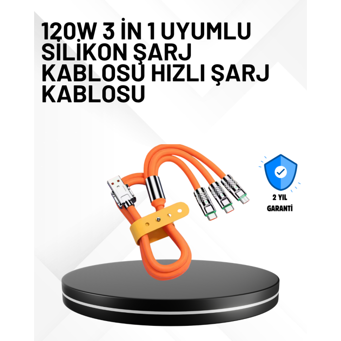 3’ü 1 Arada Kablo – 120W Hızlı Şarj ve Veri Aktarımı Özellikli