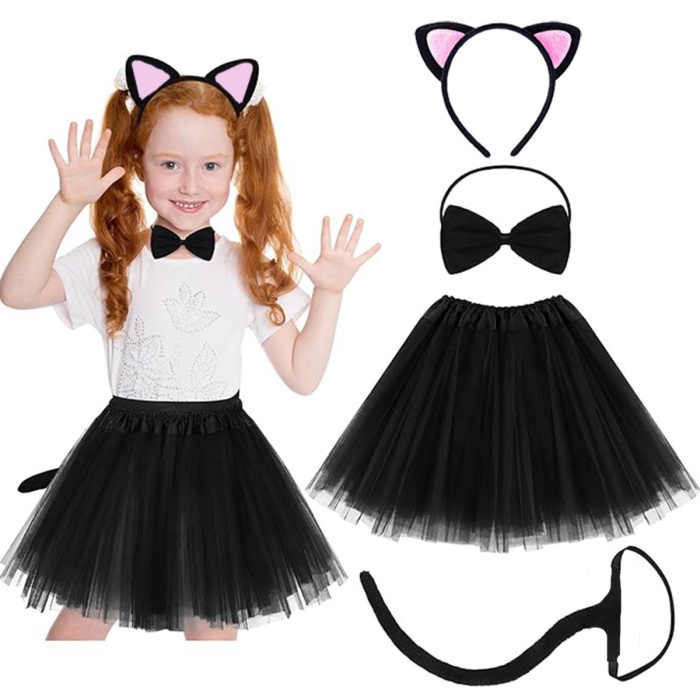 Pembe Kedi Kulak Taç, Etek, Kuyruk ve Papyon Seti