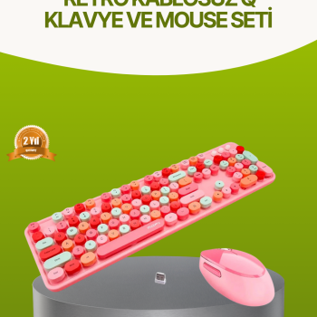 Bluetooth Retro Kablosuz Klavye ve Mouse Seti – 3 Cihaz Bağlantılı, Sessiz Tuş, Uzun Pil Ömrü