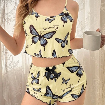 Kadın Sarı Kelebek Desenli Askılı Şortlu Ribana Pijama Takımı,Rahat ve Şık Ev Giyim,Kadın Pijama
