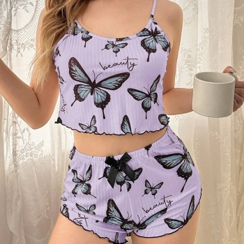 Mor Renk Kelebek Desenli Şortlu Ev Giyim Takımı,Kadın Yazlık Askılı Pijama, Rahat ve Şık Ev Giyim