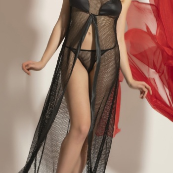 Transparan Fileli Uzun Babydoll Takım,Dantel Detaylı Gecelik,Tanga,Boyunluk 3lü Set