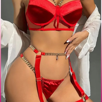 Kırmızı Merdiven Zincirli Göğüs Balenli Kadın Seksi Jartiyer Takım
