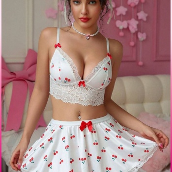 Kadın Kirazlı Fiyonklu Seksi Kostüm
