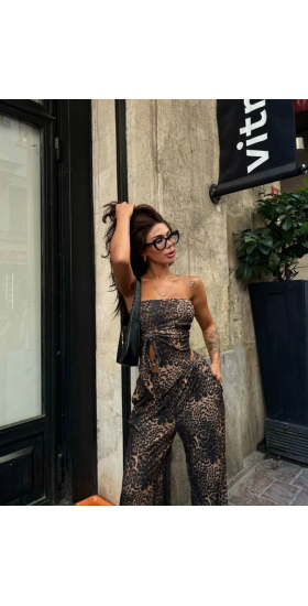 Leopar Desenli önden Bağlamalı Bluz Pantolon İkili Takım -Leopar