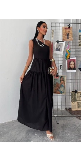 Tek Omuzlu Pile Detay Maxi Elbise 2895