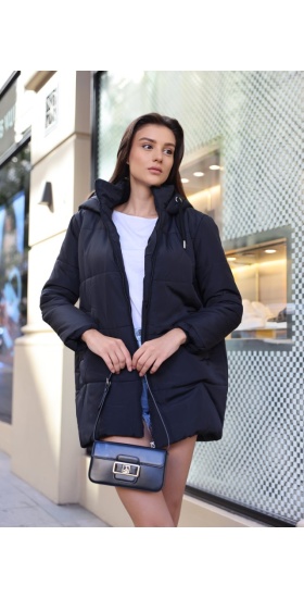 5163 Kapüşonlu Oversize Şişme Mont - Lacivert