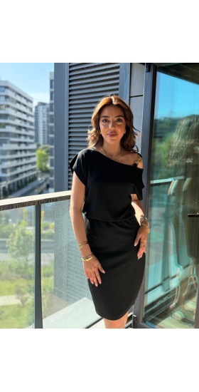 Kadın Kısa Kollu Tek Omuz Askı Ve Aksesuar Detay Beli Lastikli Krep Elbise