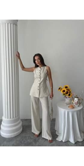 KETEN YELEK - PANTOLON TAKIM - Taş