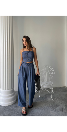TENCEL CROP ASKILI BLUZ - ŞALVAR PANTOLON TK - İndigo