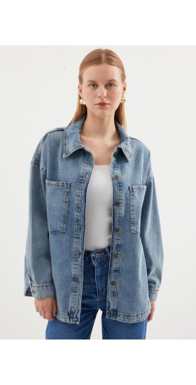 0694 Çift Cepli Oversize Denim Ceket - Buz Mavi