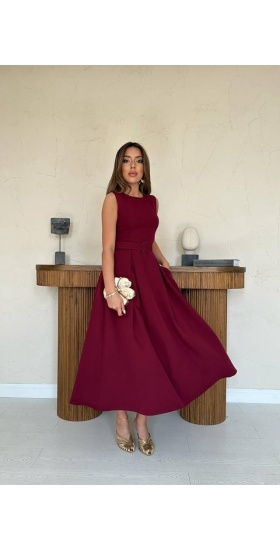 Bordo Halter Yaka Kloş Elbise