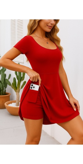 Kadın Kısa Kollu Kare Yaka Short Detaylı Cepli Dalgıç Elbise