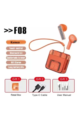 Karler Bass F08 Dijital Şarj Göstergeli TWS Bluetooth Kulaklık - Kırmızı