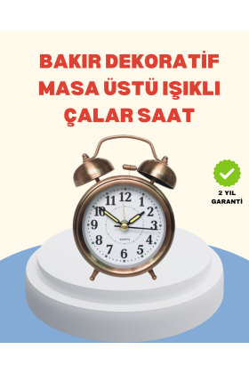 Metal Bronz Nostaljik Masa Saati Alarmlı Büyük Boy Sessiz Mekanizmalı