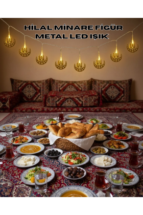 Pilli Minareli Hilal LED Işık Gold Metal Ramazan Dekorasyonu