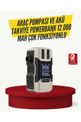 Araç Lastik Şişirme Pompası ve Akü Takviye Powerbank Bir Arada