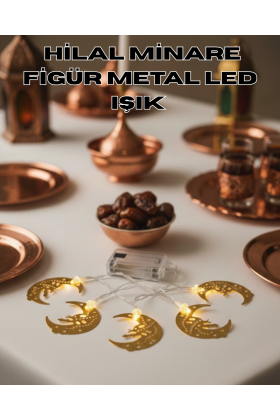 Minareli Hilal LED Işık Gold Metal Gövdeli Pilli Ramazan Dekoru