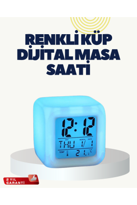 Termometre ve Takvim Özellikli 7 Renk Değiştiren Küp Alarm Saati
