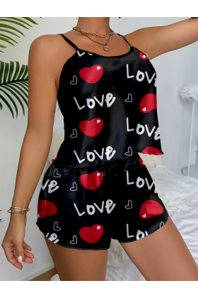 Aşk Temalı Kalp Desenli Siyah Saten Şortlu Gecelik Takım