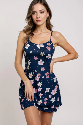 Çiçek Desenli Mavi Askılı Gecelik