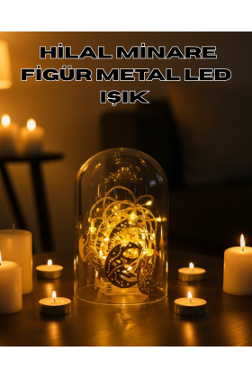 Ramazan Minare Detaylı Hilal LED Işık Günışığı Sarı Metal Süs