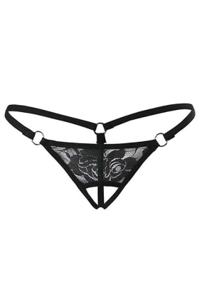 Siyah Dantelli Özel Bölgesi Açık G-String TM1167