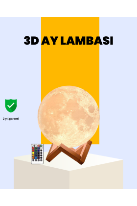 Şarjlı 3D Baskılı 16 Renk Ay Lambası Ahşap Stand ve Uzaktan Kumanda