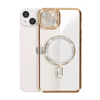 Newface iPhone 15 Kılıf Joke Simli Magneticsafe Kılıf - Gold