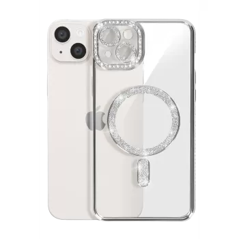 Newface iPhone 15 Kılıf Joke Simli Magneticsafe Kılıf - Gümüş