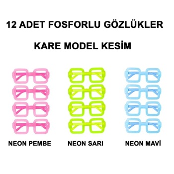   Fosforlu Kare Model Glow Parti Gözlüğü Karanlıkta Yanan Gözlükler 12 Adet