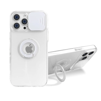 Ally iPhone 13 Pro 6.1 inç Kılıf Sürgülü Kamera Lens Korumalı Yüzük Standlı Silikon Kılıf-(5775)