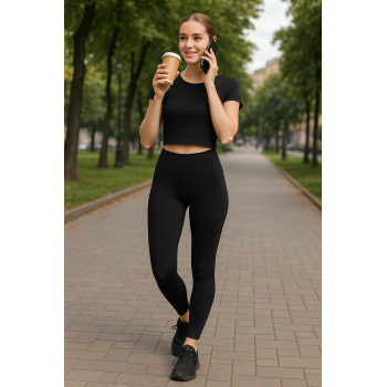 Kadın Siyah Yüksek Bel Toparlayıcı Tayt Yüksek Kalite Spor Ve Günlük Kullanım Tayt Yoga Tayt-(17952)