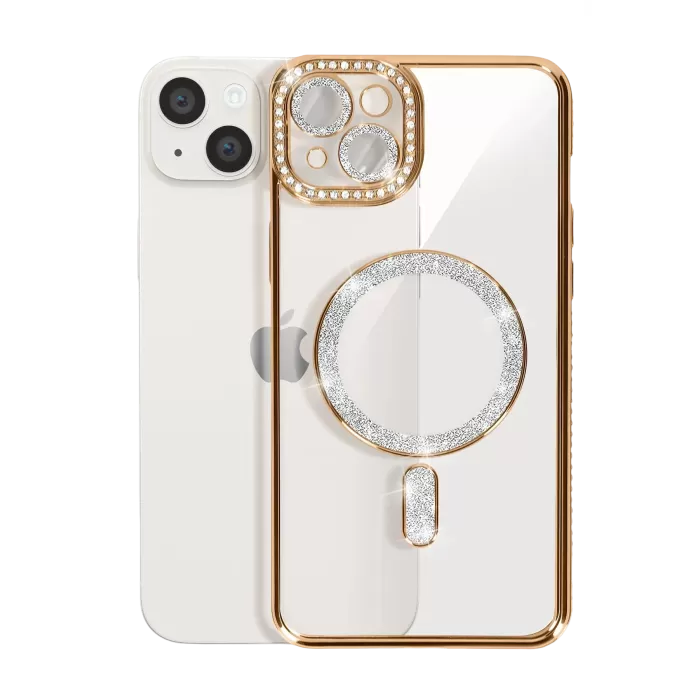 Newface iPhone 15 Kılıf Joke Simli Magneticsafe Kılıf - Gold