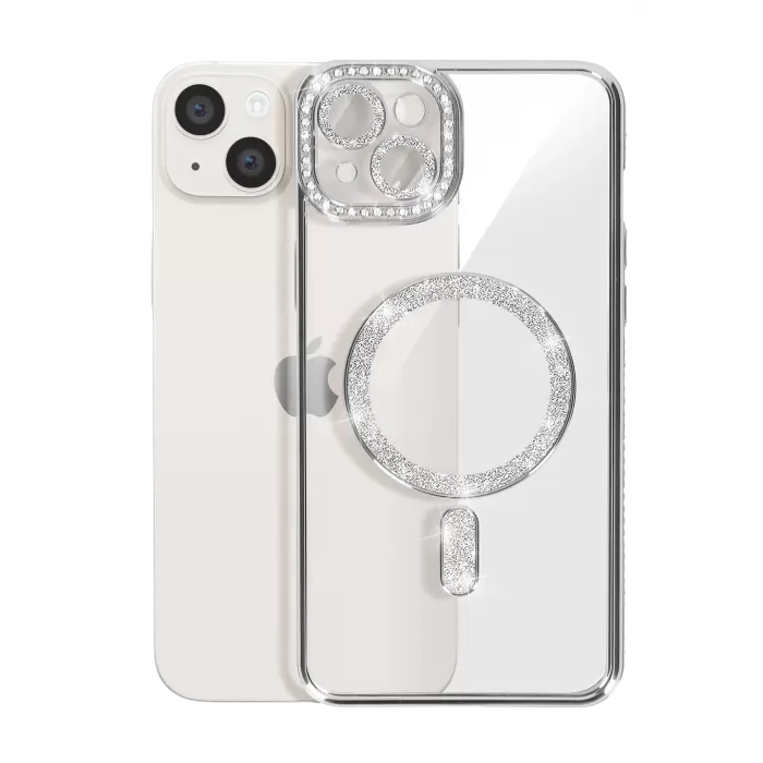 Newface iPhone 15 Kılıf Joke Simli Magneticsafe Kılıf - Gümüş