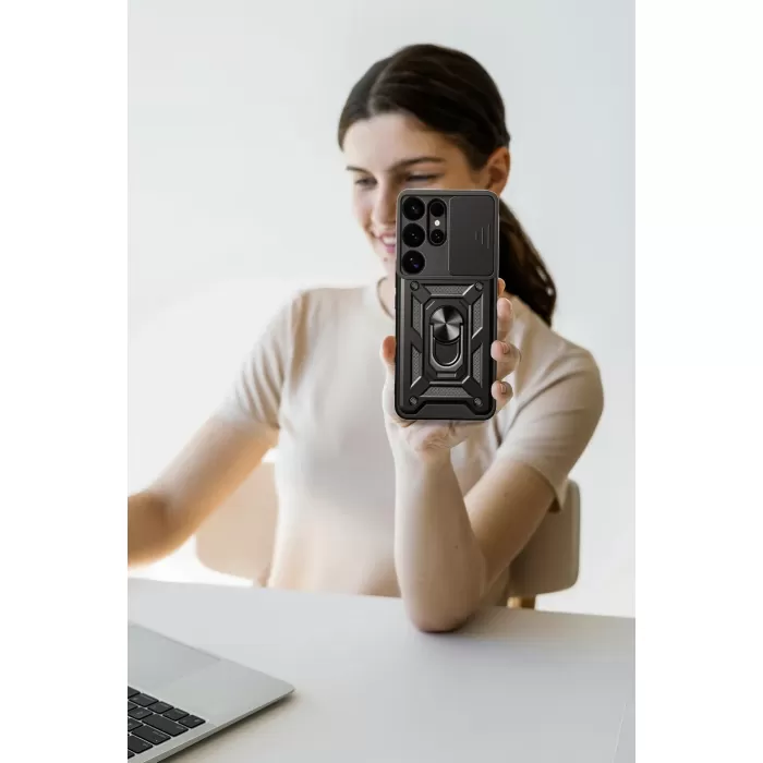 Newface Samsung Galaxy S25 Ultra Kılıf Pars Lens Yüzüklü Silikon - Kırmızı