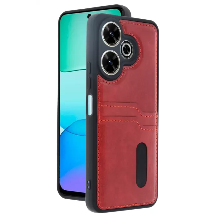 Newface Xiaomi Redmi 13 4G Kılıf Sara Kartvizitli Deri Kılıf - Kırmızı