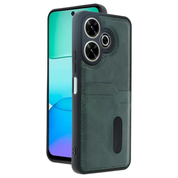 Newface Xiaomi Redmi 13 4G Kılıf Sara Kartvizitli Deri Kılıf - Koyu Yeşil