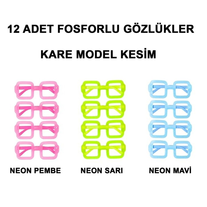   Fosforlu Kare Model Glow Parti Gözlüğü Karanlıkta Yanan Gözlükler 12 Adet