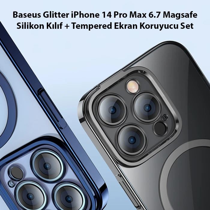 Baseus Glitter iPhone 14 Pro Max 6.7 Magsafe Silikon Kılıf + Tempered Ekran Koruyucu Set-(5775)