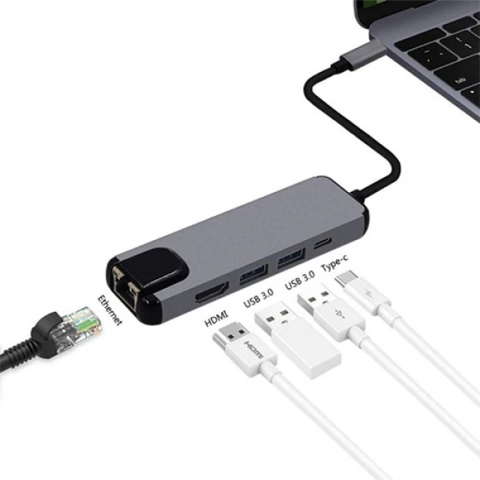 ALLY 5İN1  USB 3.1 Type C To HDMI 2xusb 3.0 RJ45 Ethernet Dönüştürücü Adaptör-(5775)