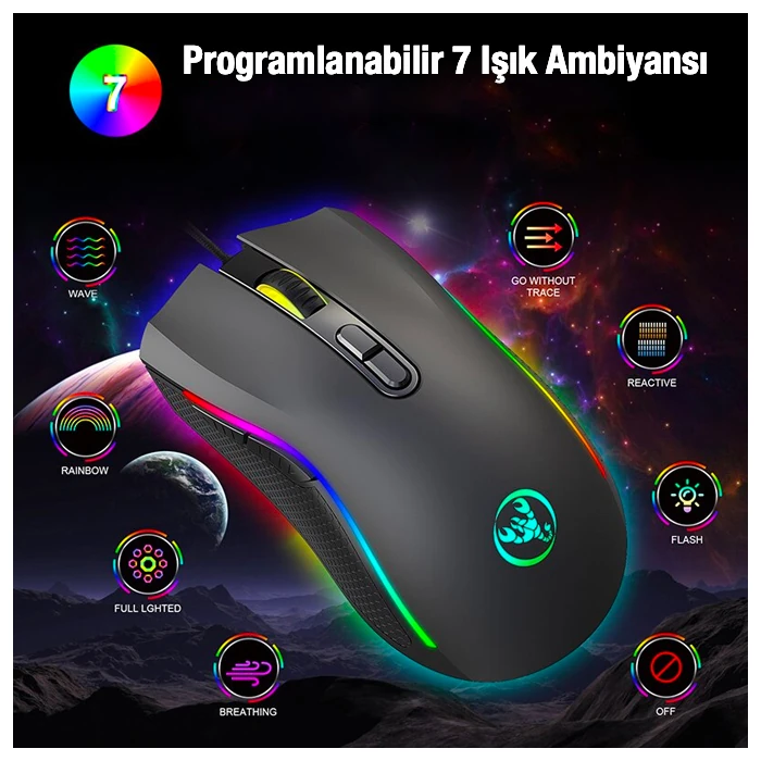 HXSJ A869 7200DPI Ayarlanabilir RGB Işık Gaming Oyuncu Mouse-(5775)