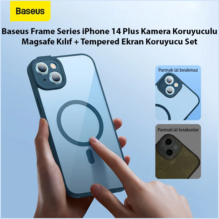 Baseus Frame Series iPhone 14 Plus 6.7 Kamera Koruyuculu Magsafe Kılıf + Tempered Ekran Koruyucu Set-(5775)