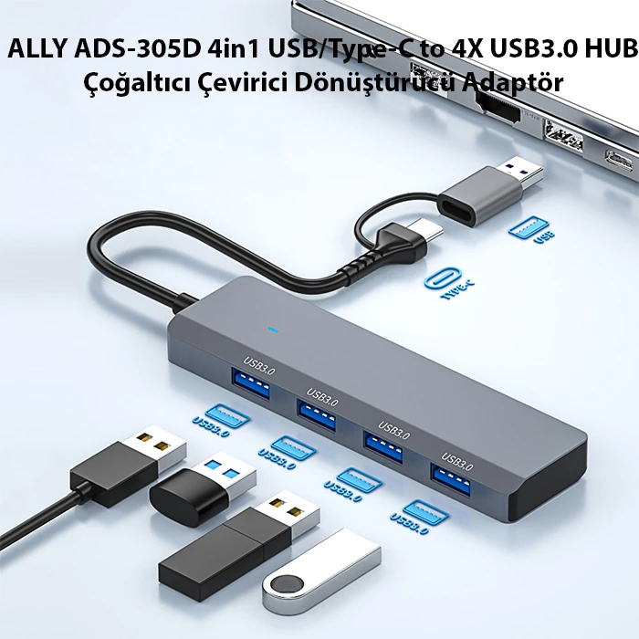 ALLY ADS-305D 4in1 USB/Type-C to 4X USB3.0 HUB Çoğaltıcı Çevirici Dönüştürücü Adaptör-(5775)