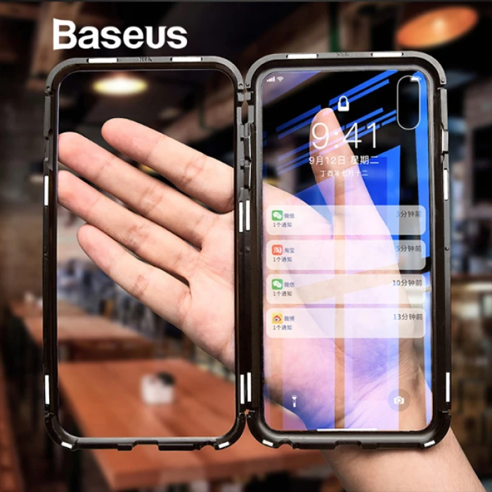 Baseus İPhone Xs Max Arkası Cam Manyetik Metal Frame Kılıf-(5775)