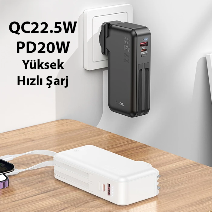 Hoco J126 USB-A+Type-C Çıkışlı Type-c+Lightning Kablolu 10000mAh Powerbank Şarj Aleti-(5775)