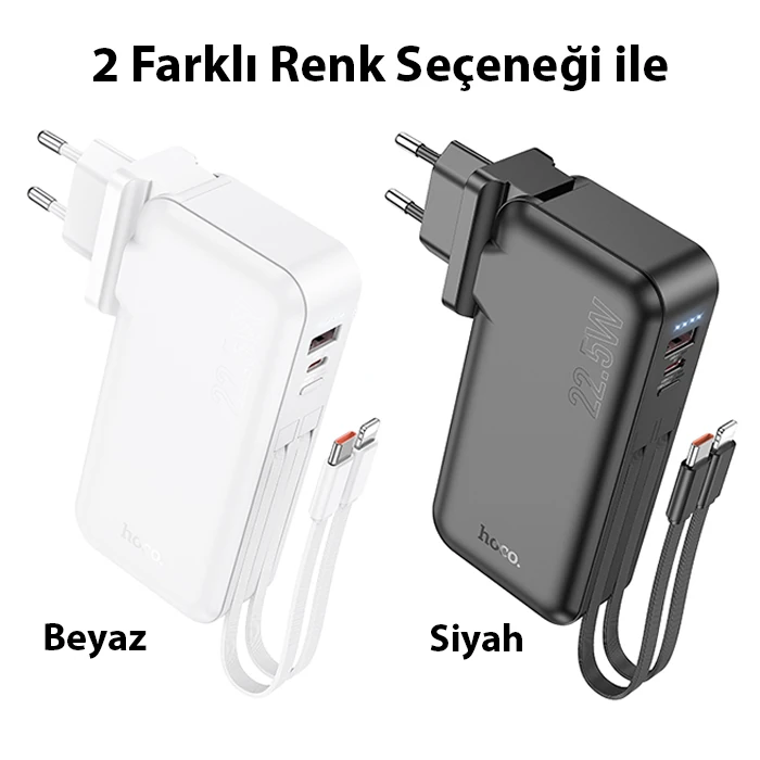 Hoco J126 USB-A+Type-C Çıkışlı Type-c+Lightning Kablolu 10000mAh Powerbank Şarj Aleti-(5775)