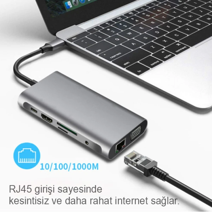 ALLY 10 İN 1 HDMI VGA RJ45 PD USB 3.0 HUB Adaptör Çoklayıcı-(5775)