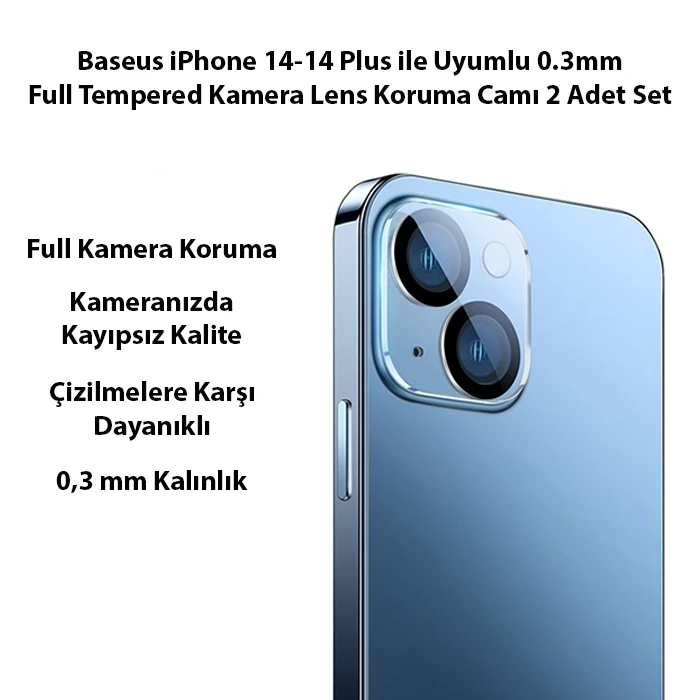 Baseus iPhone 14-14 Plus ile Uyumlu 0.3mm Full Tempered Kamera Lens Koruma Camı 2 Adet Set-(5775)